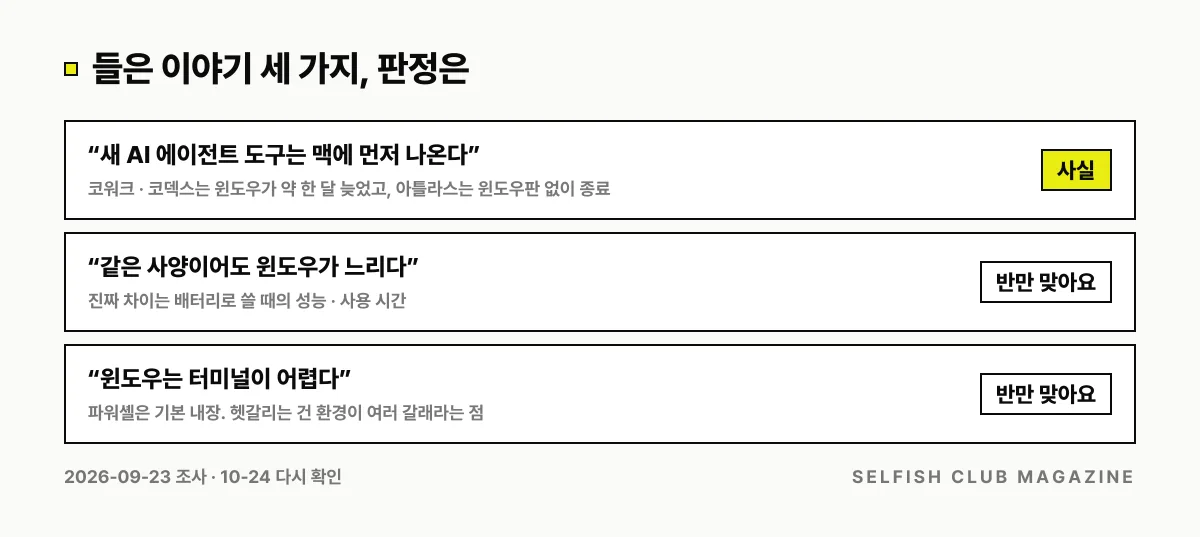 AI 노트북에 대한 들은 이야기 세 가지의 판정: 새 도구는 맥에 먼저 나온다는 사실, 윈도우가 느리다는 반만 맞음, 윈도우 터미널이 어렵다는 반만 맞음.